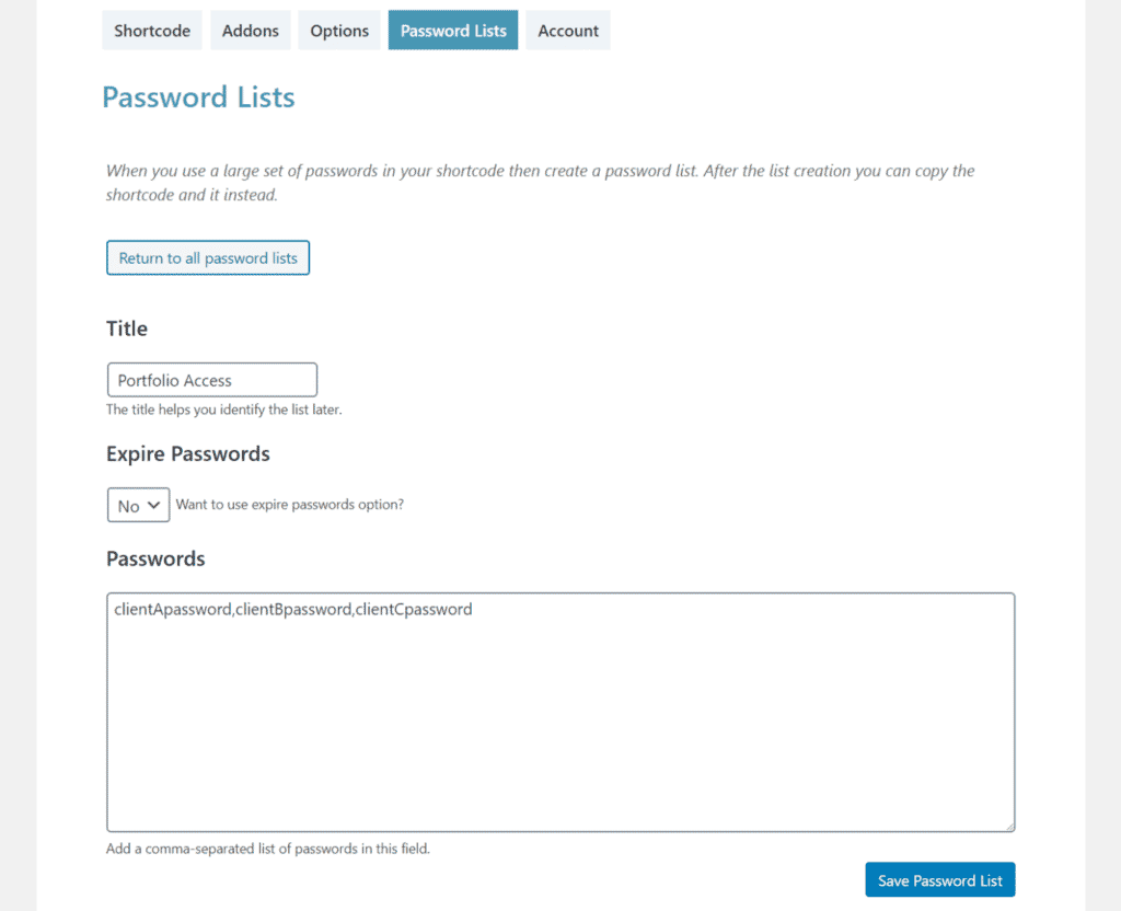 Password list settings in Passster