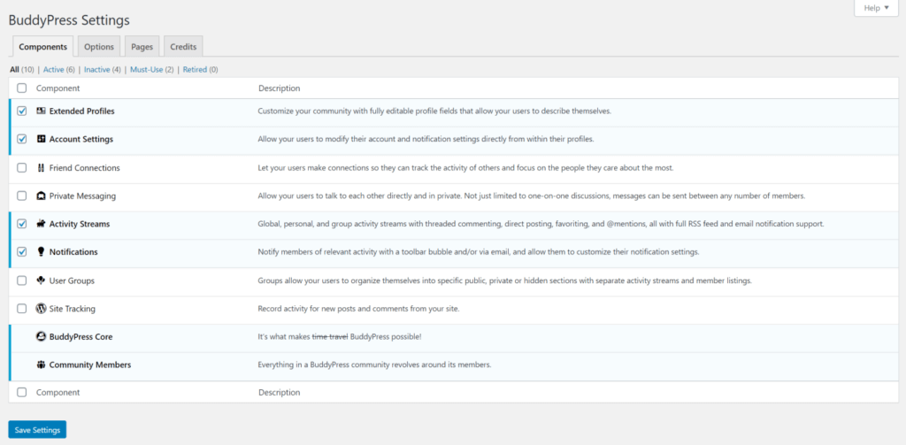 BuddyPress plugin settings