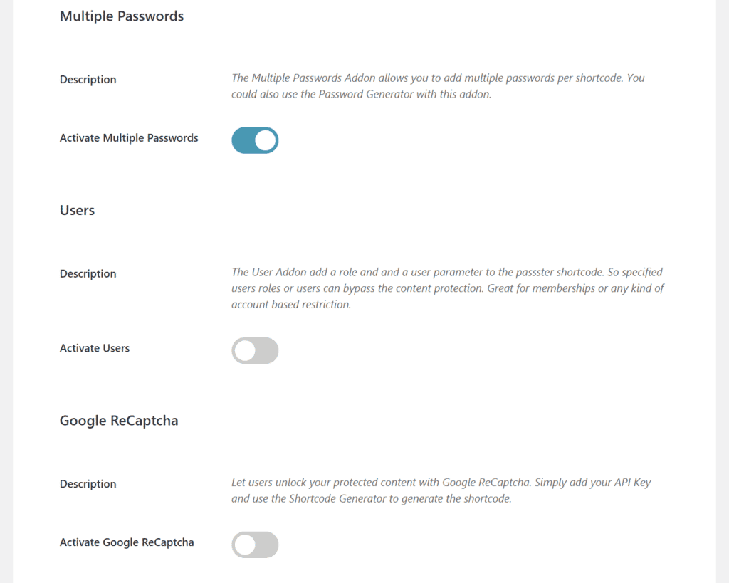 Passster add-ons screen