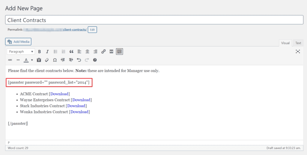 Passster shortcode on a page