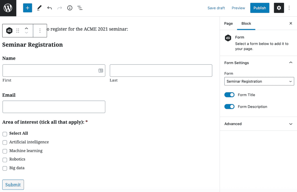 Gutenberg registration form