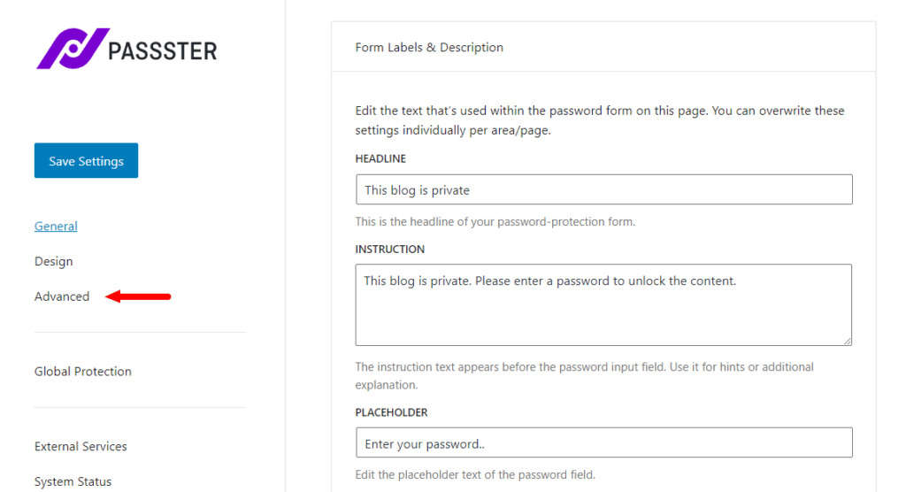 passster advanced settings