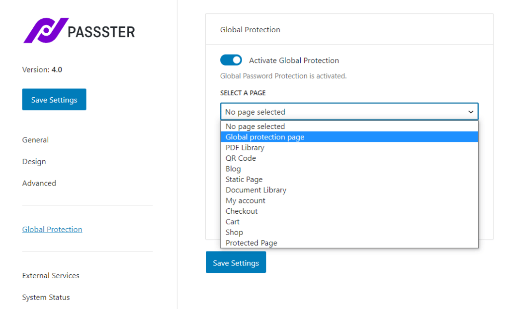 select global protection page passster