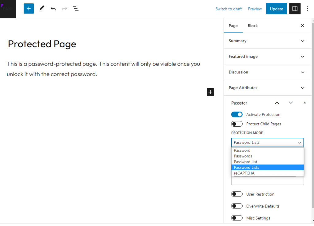 protected page password lists