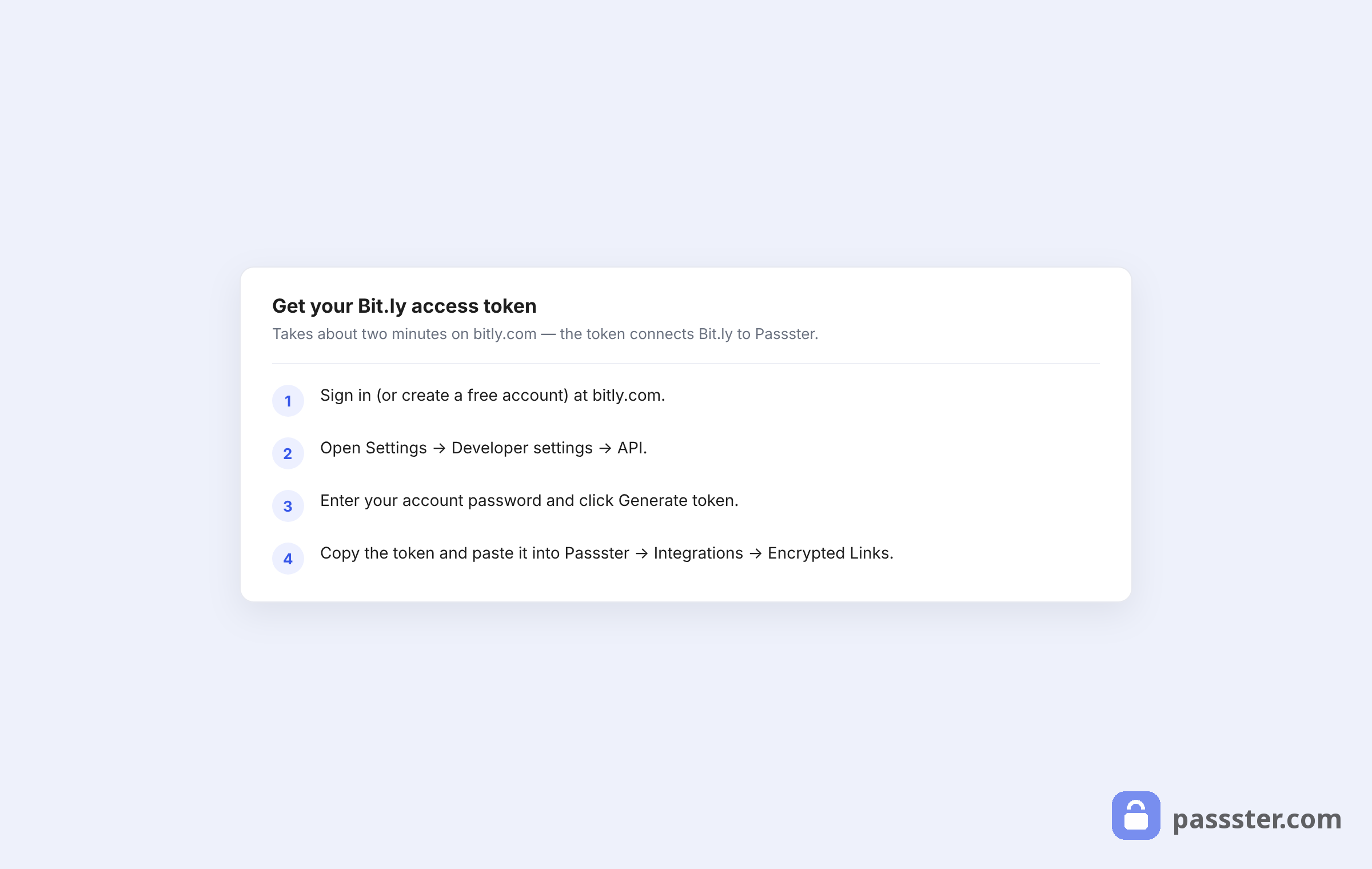 A four-step card explaining how to get a Bit.ly access token: sign in, open developer settings, generate the token, and paste it into Passster