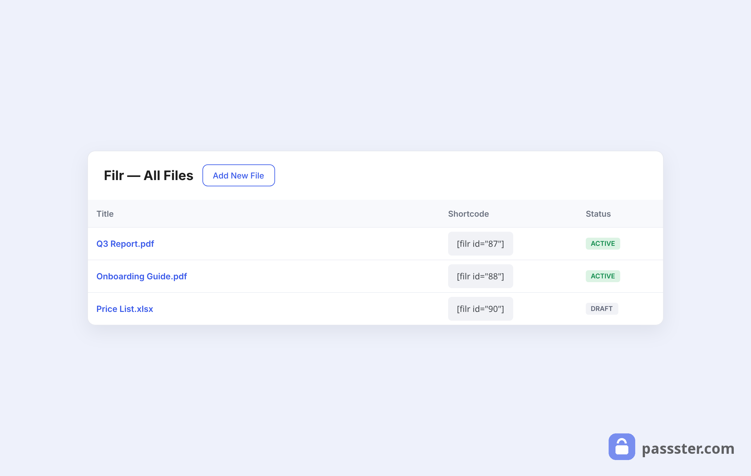 The Filr All Files screen listing PDF and spreadsheet files with their shortcodes and active or draft status badges