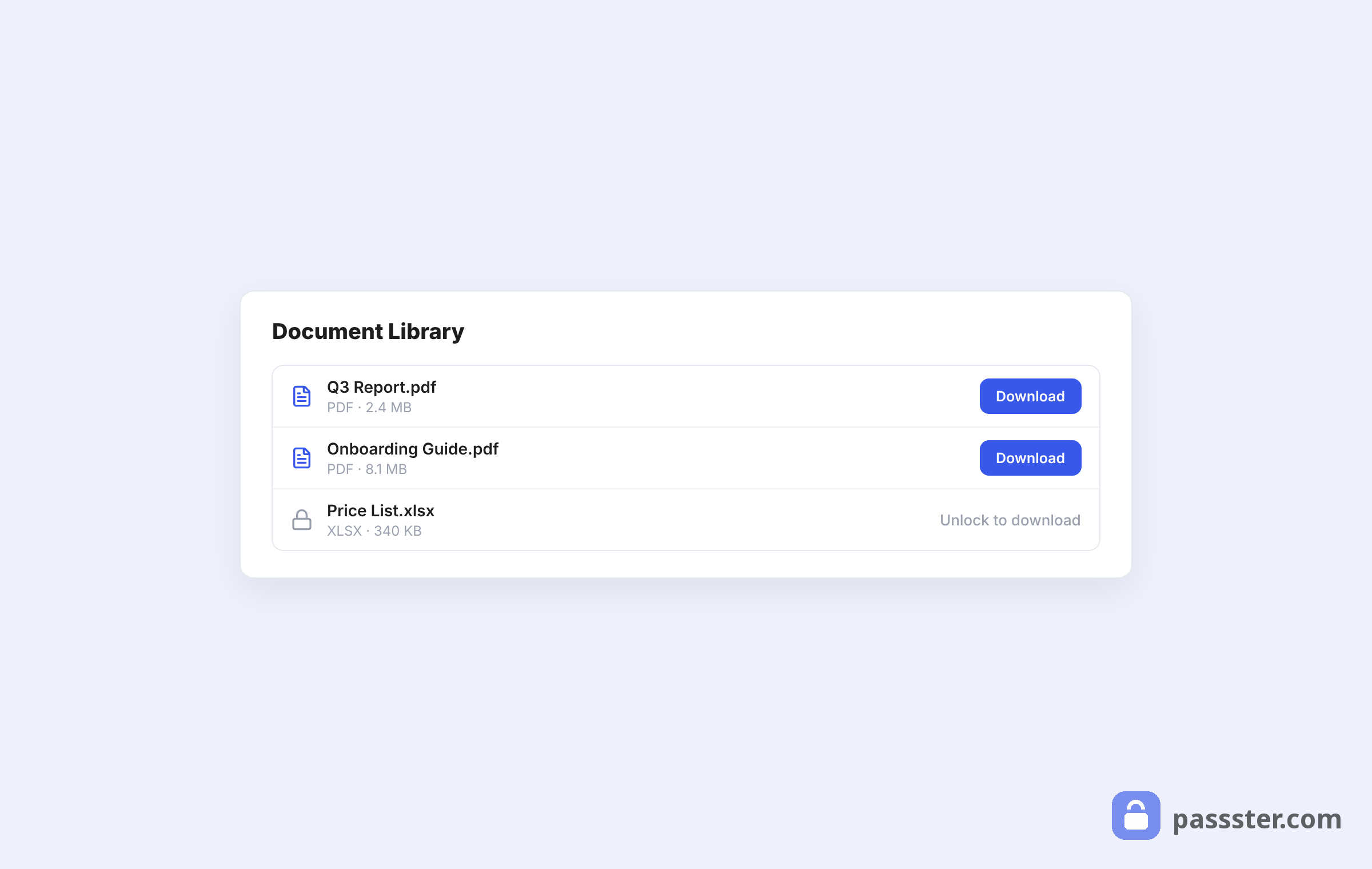 A front-end document library listing PDF files with sizes and Download buttons, one locked entry showing Unlock to download