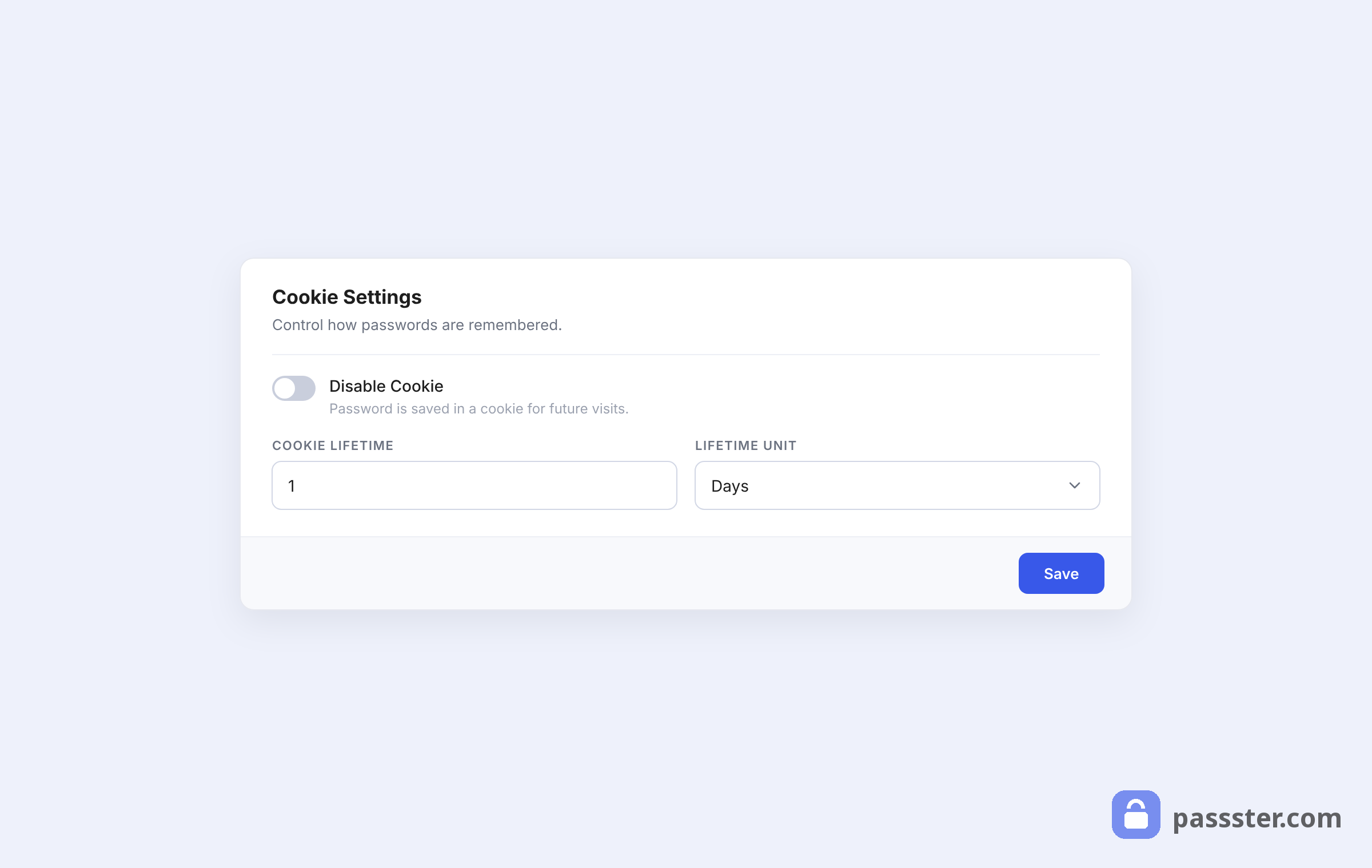 The Cookie Settings card in Passster's Advanced tab with a Disable Cookie toggle and cookie lifetime fields set to 1 day