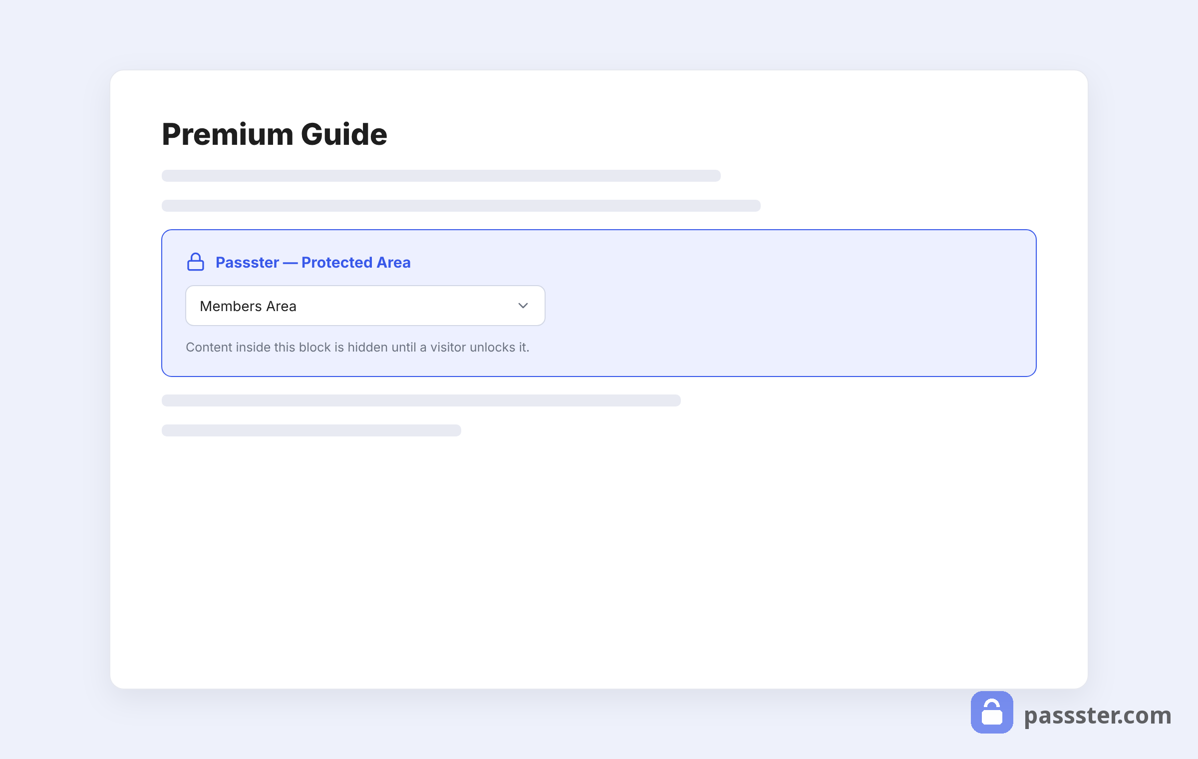 The WordPress block editor with a Passster Protected Area block selected, showing an area dropdown set to Members Area inside a highlighted block