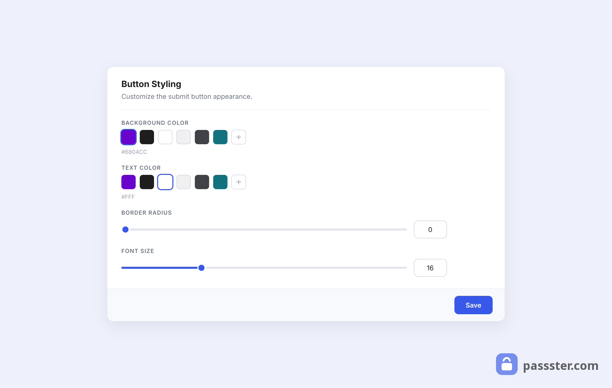 The Button Styling card in Passster's Design tab with background color and text color swatches, a border radius slider, and a font size slider
