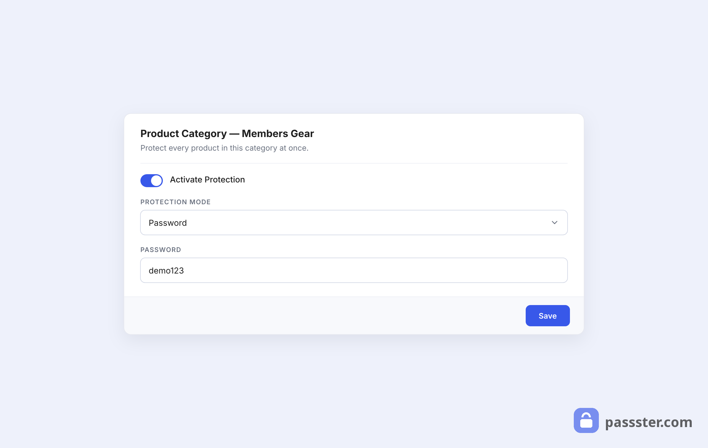 The Passster protection settings on a WooCommerce product category with Activate Protection on, Password mode, and a password field