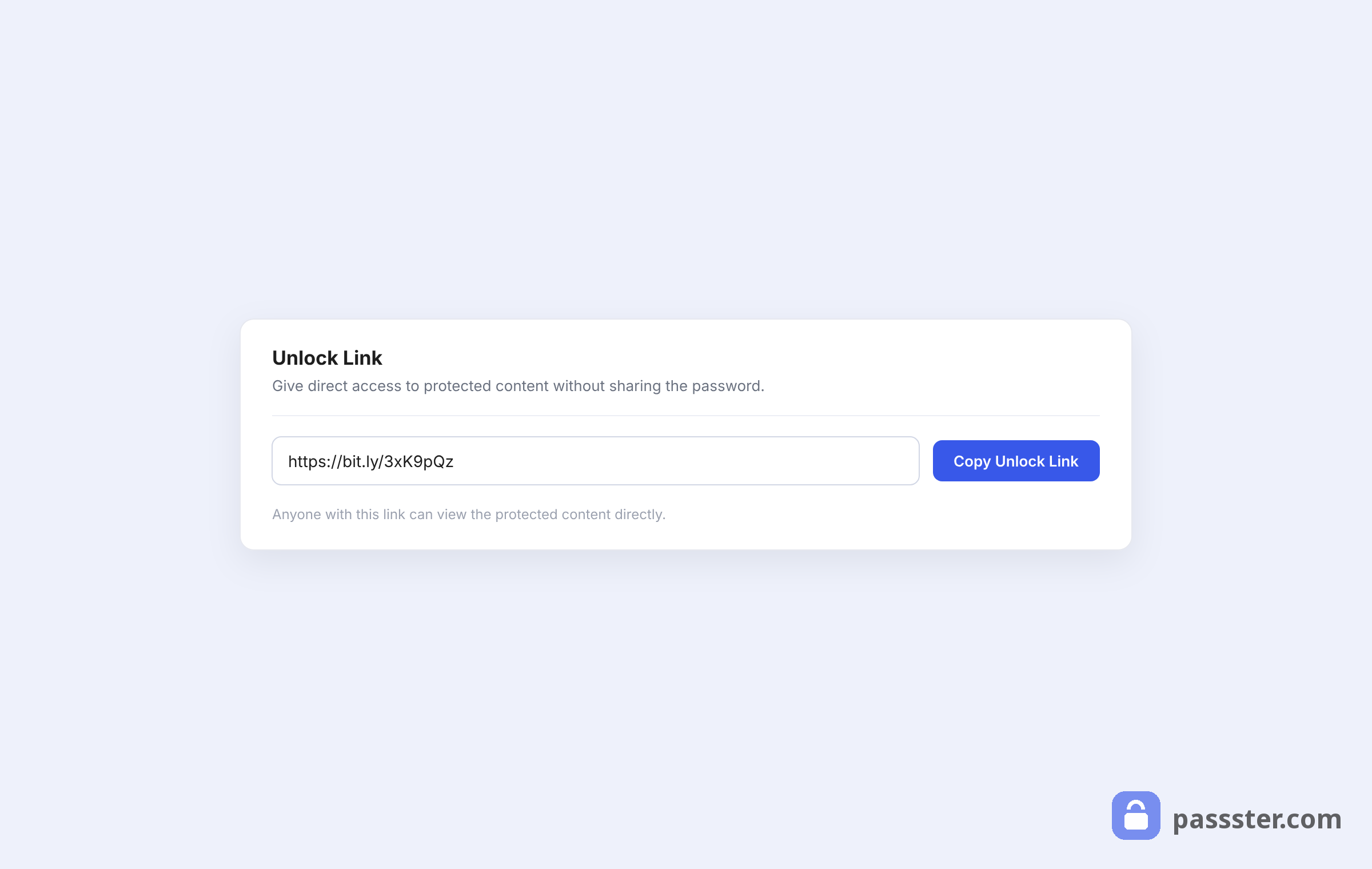 The Unlock Link card with a shortened bit.ly URL in a field and a Copy Unlock Link button
