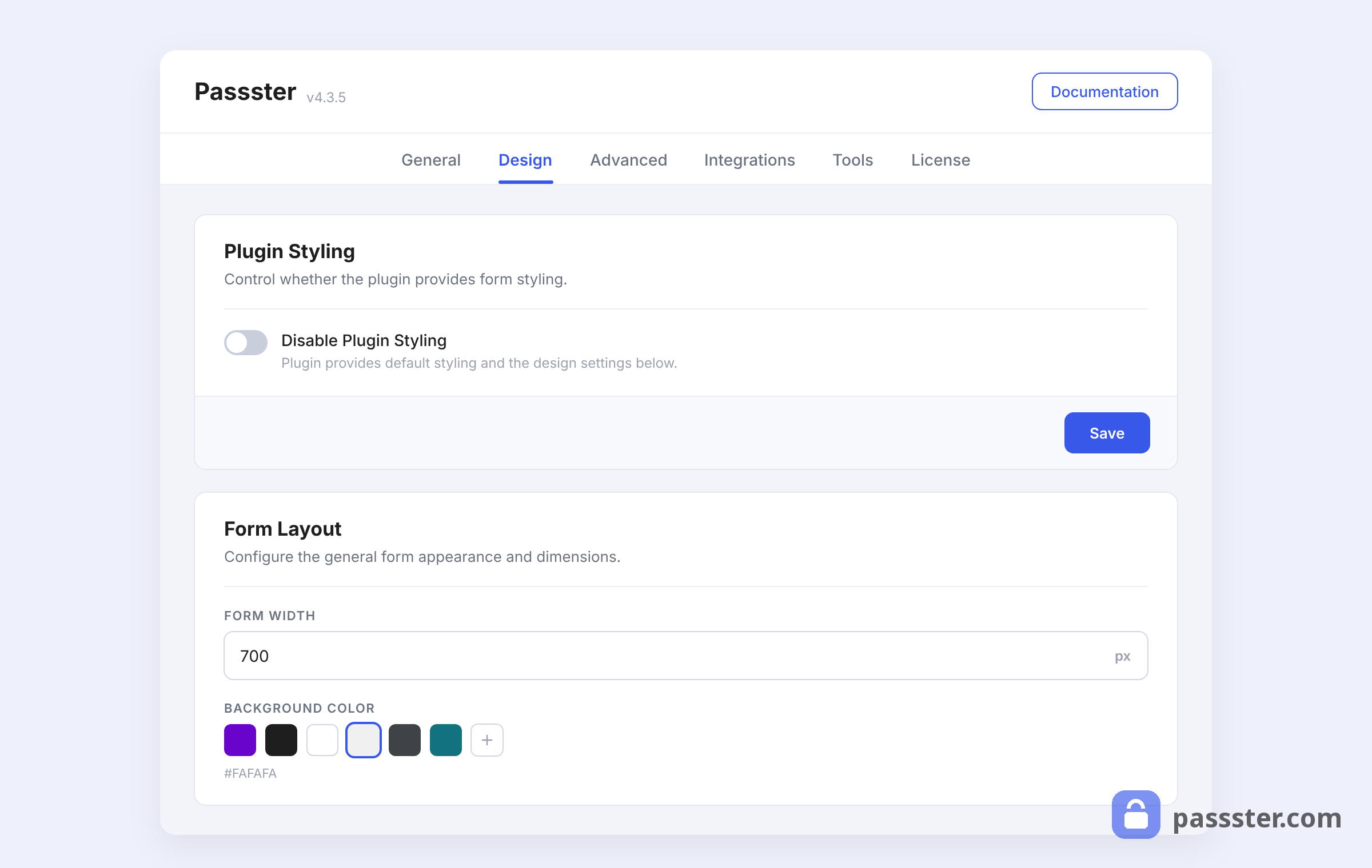 The Passster settings page with the Design tab open, showing the Plugin Styling toggle and the Form Layout card with width and background color options