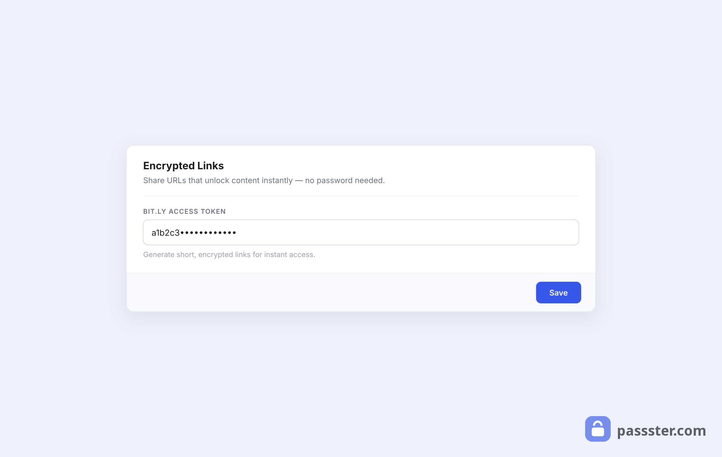 The Encrypted Links card in Passster's Integrations tab with a masked Bit.ly access token field