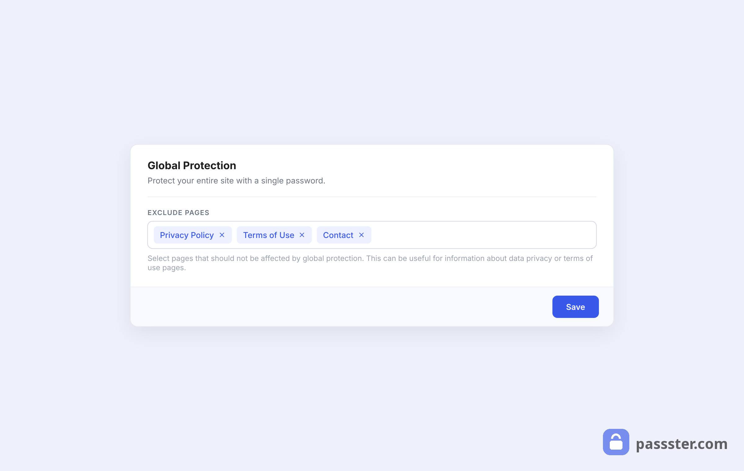 The Global Protection card with an Exclude Pages multiselect showing Privacy Policy, Terms of Use, and Contact as removable chips
