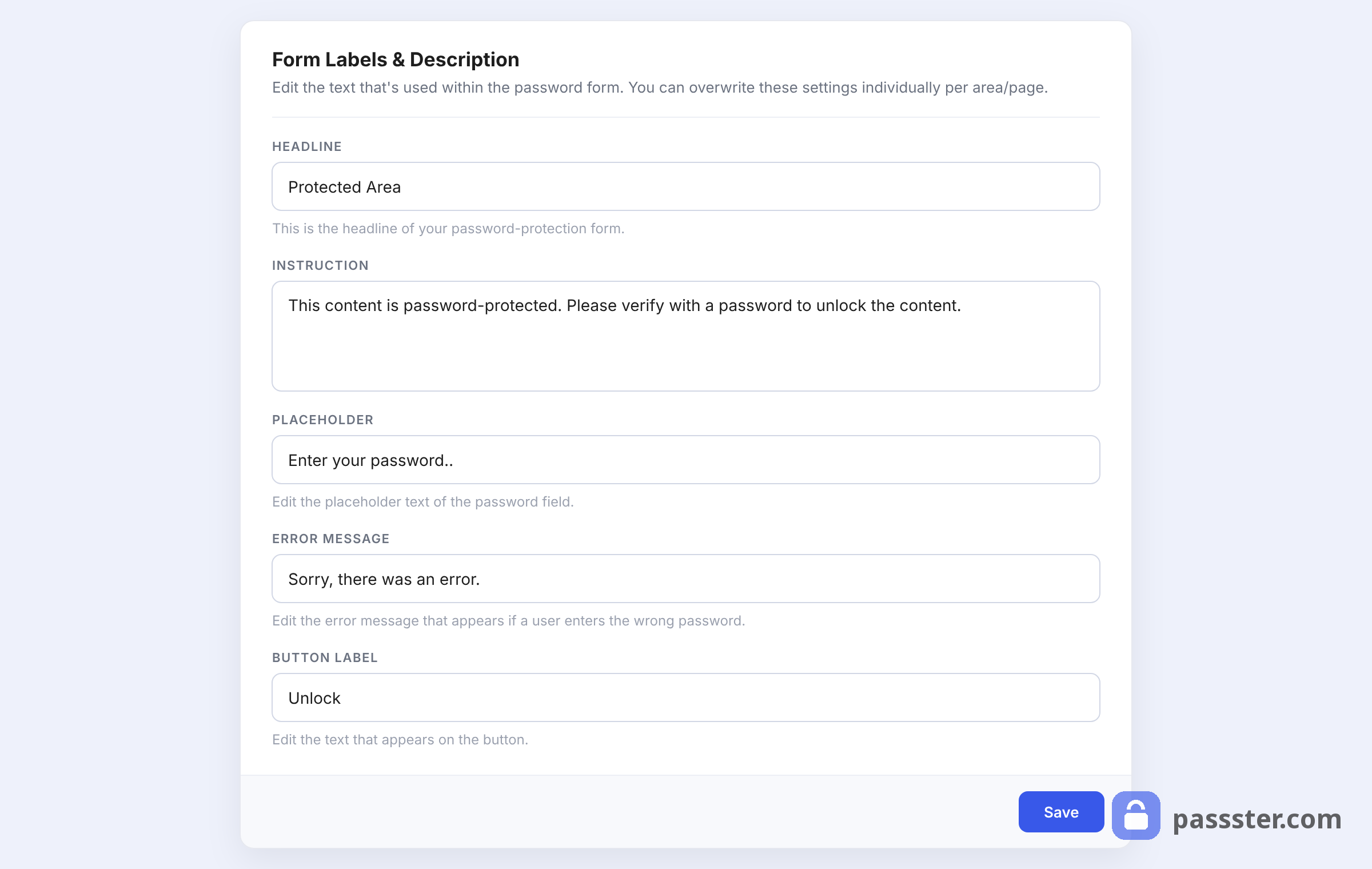 The Form Labels & Description card in Passster settings, with fields for headline, instruction, placeholder, error message, and button label, plus a Save button