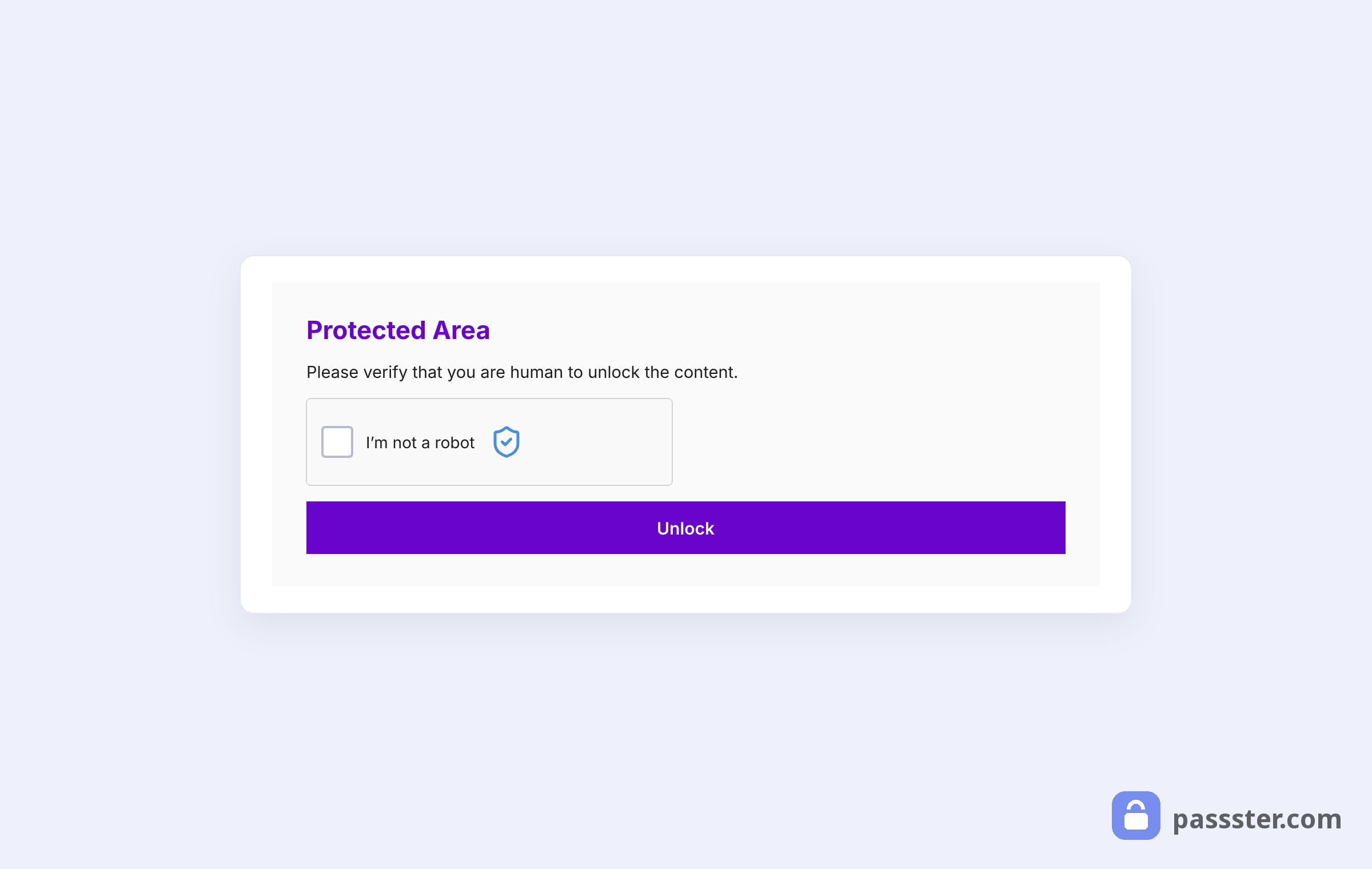 A Passster protection form with an I'm-not-a-robot reCAPTCHA checkbox instead of a password field and a purple Unlock button
