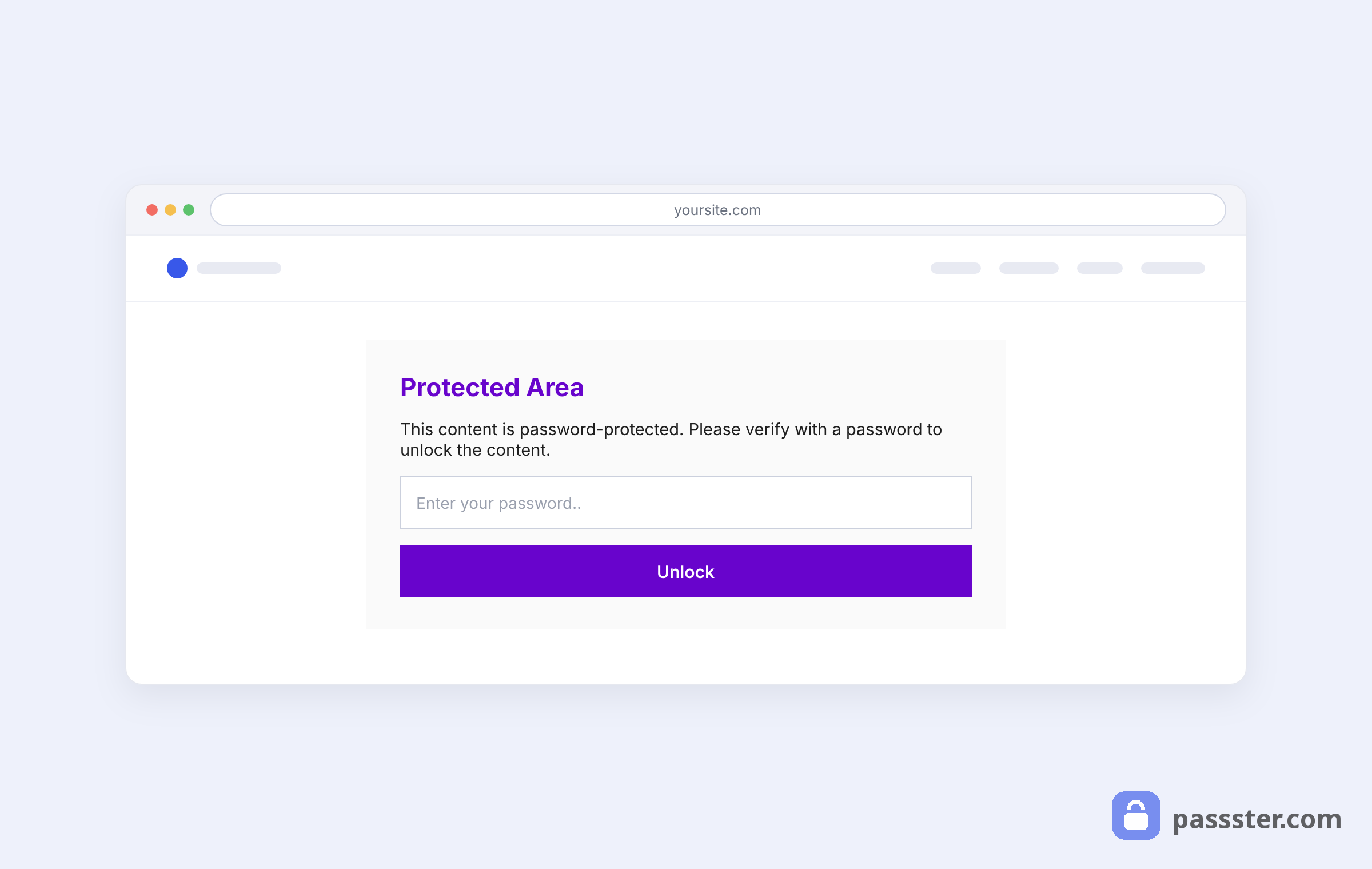 A browser window showing a website with the Passster protection form: purple Protected Area headline, instruction text, password field, and purple Unlock button