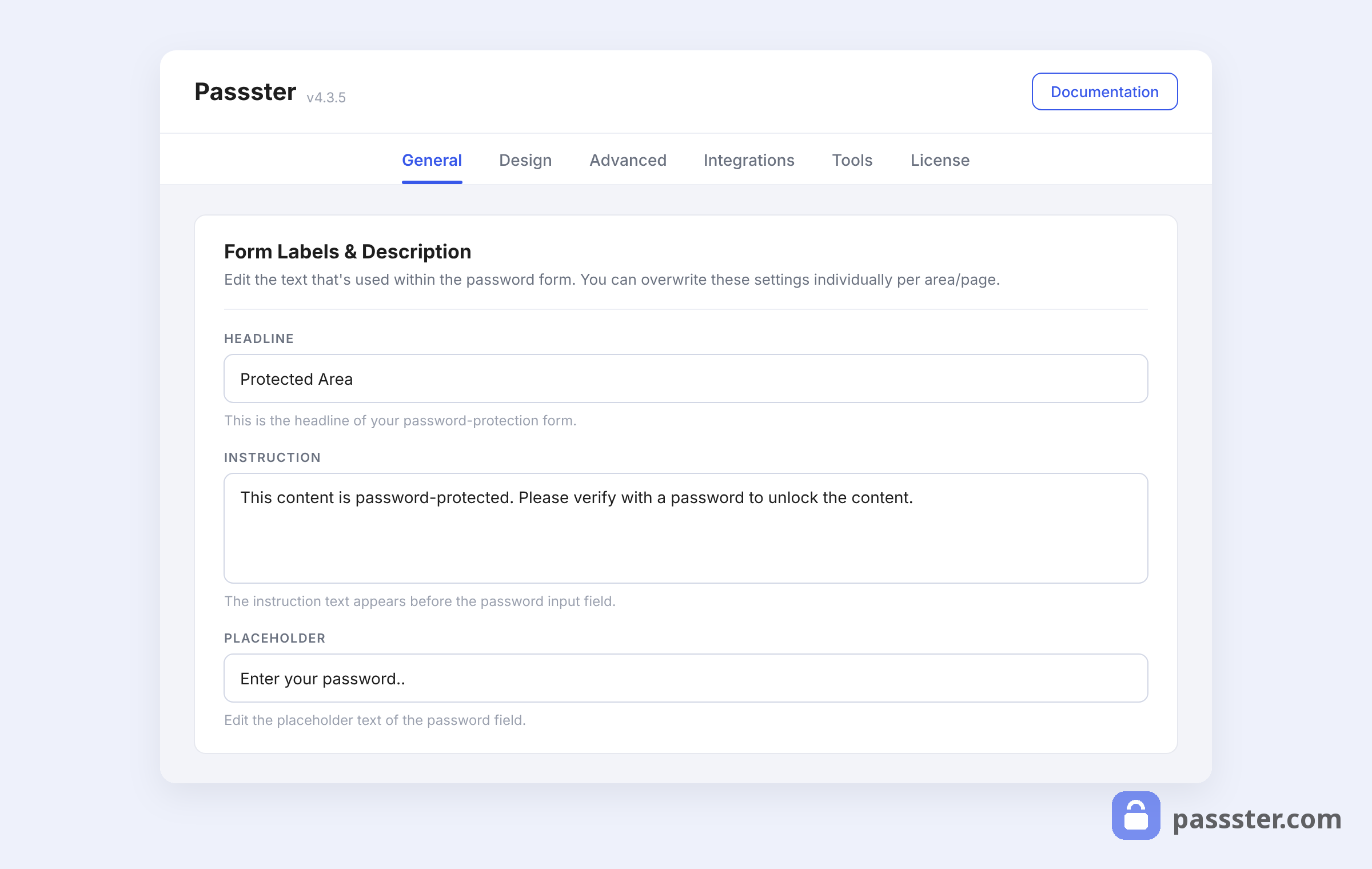 The Passster settings page in the WordPress admin with the General tab open, showing the Form Labels & Description card with headline, instruction, and placeholder fields