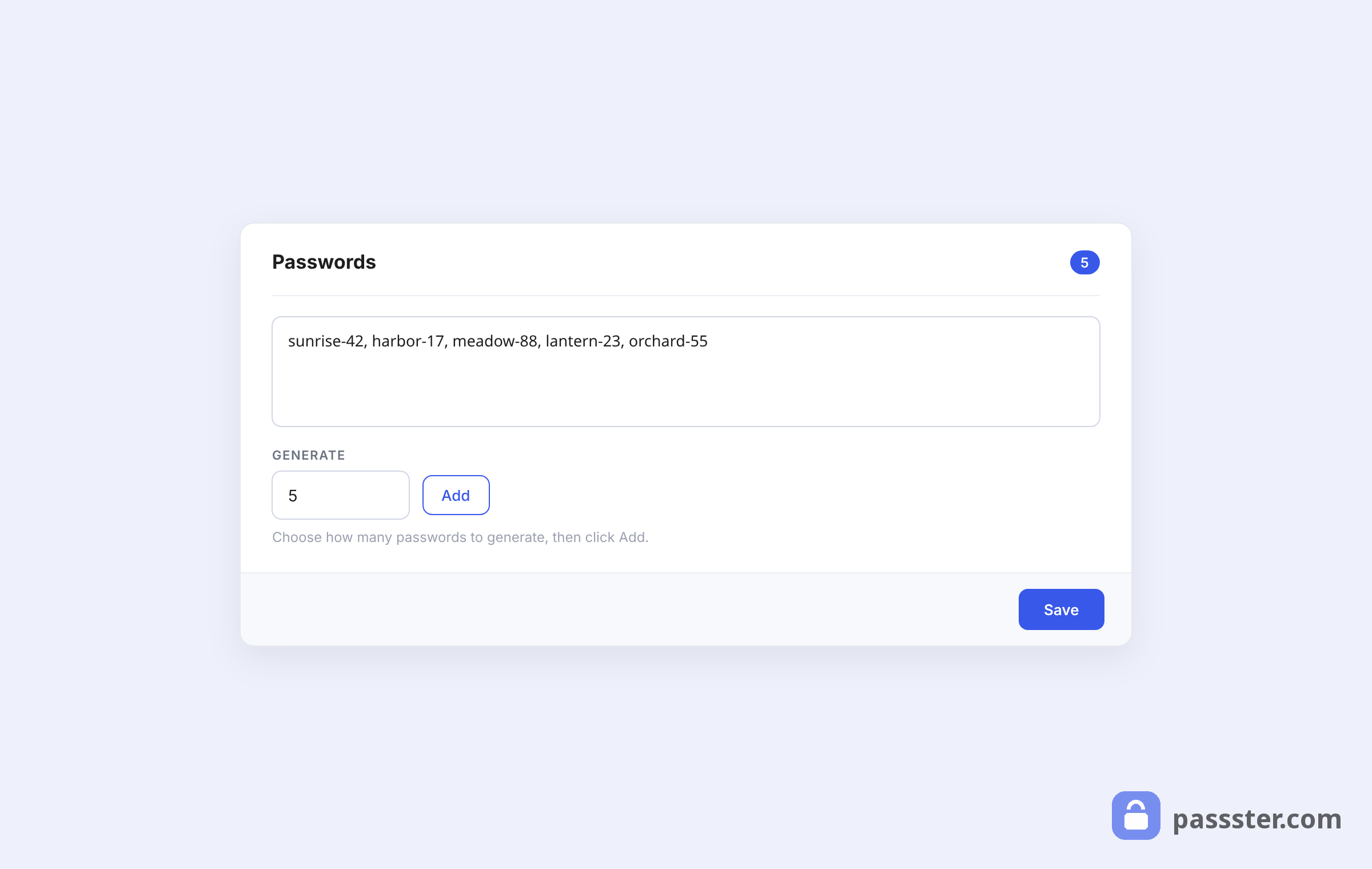 The Passwords section of a password list with a Generate field set to 5 and an Add button for creating passwords automatically