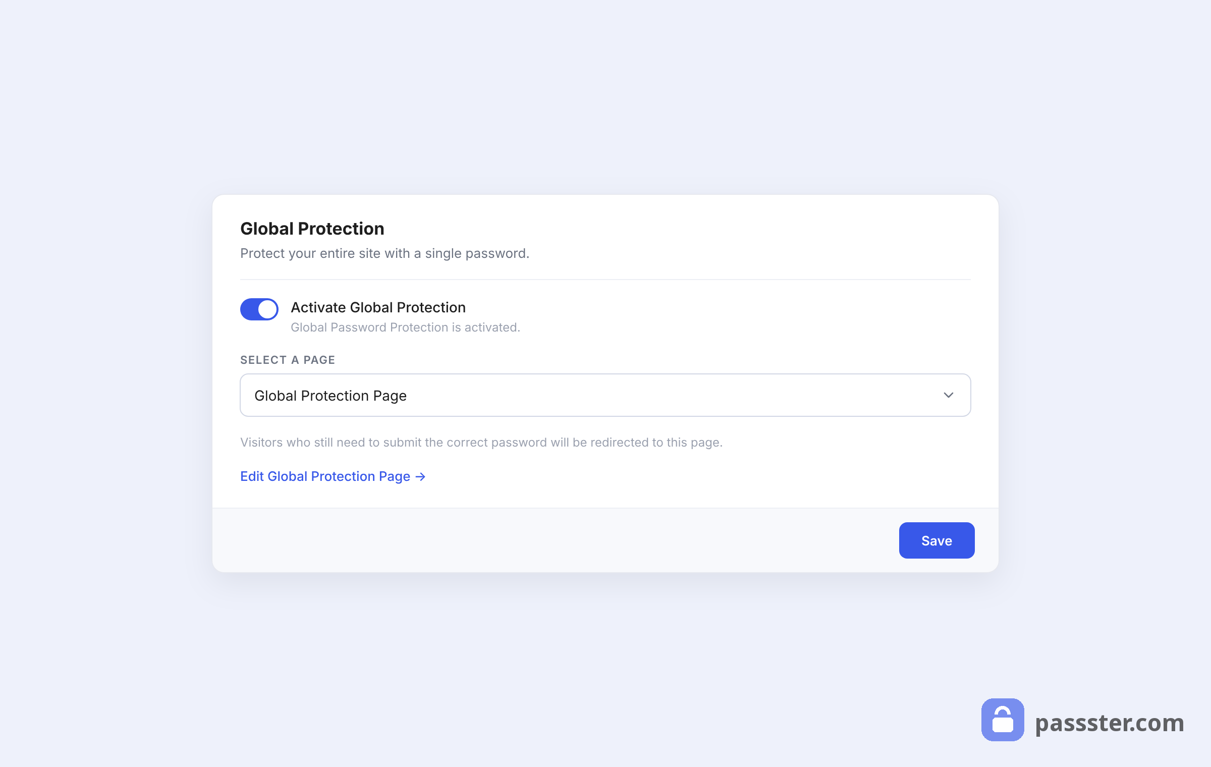 The Global Protection card in Passster settings with the Activate Global Protection toggle on, a Select a Page dropdown, and an Edit Global Protection Page link