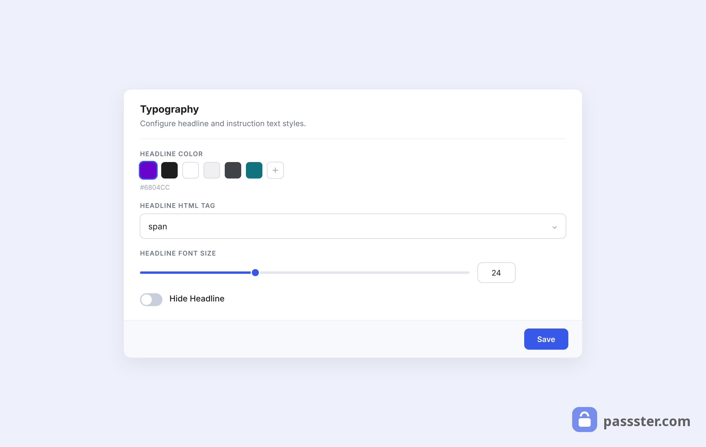 The Typography card in Passster's Design tab showing headline color swatches, an HTML tag selector, a font size slider set to 24, and a Hide Headline toggle