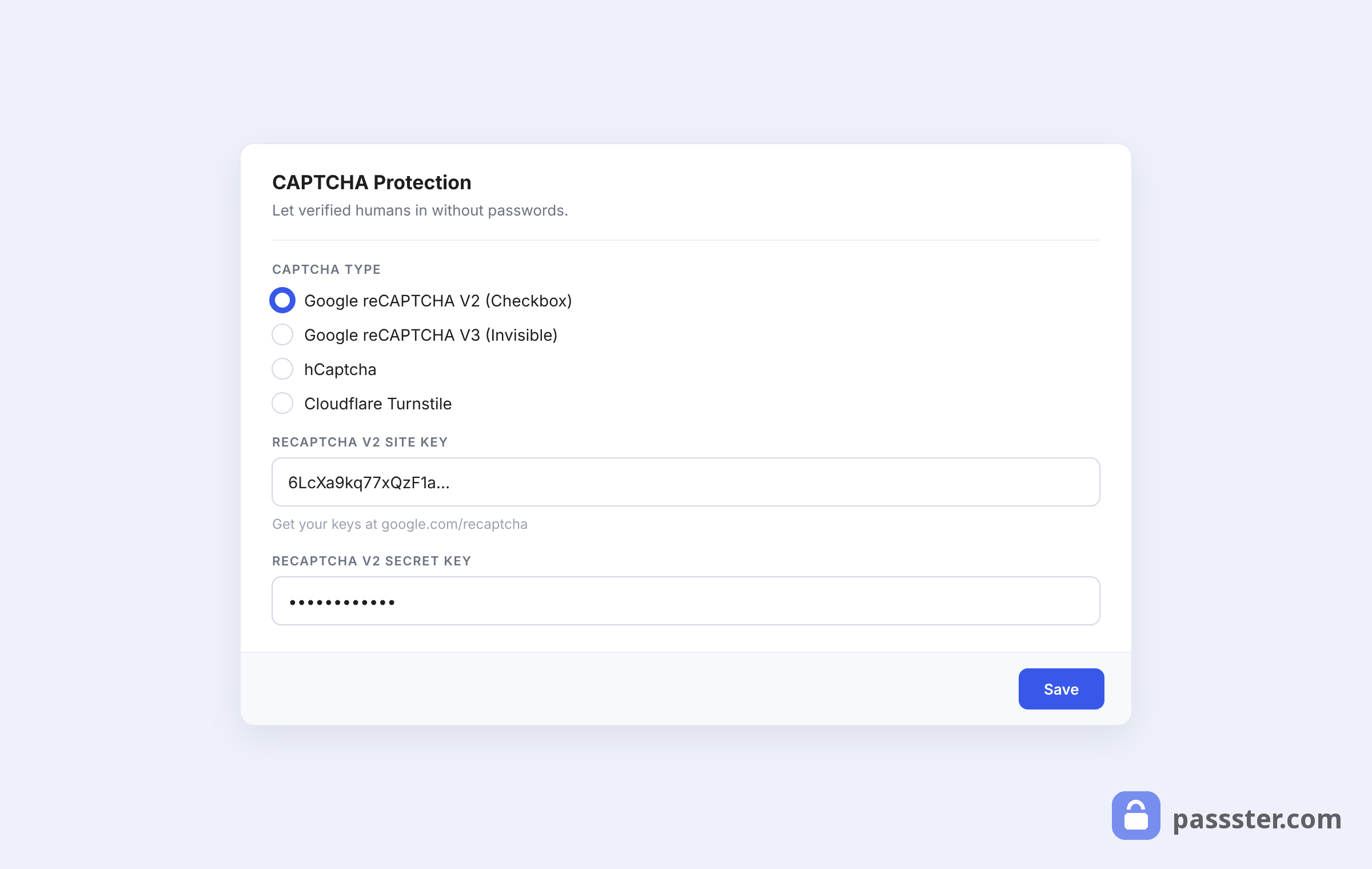 The CAPTCHA Protection card in Passster's Integrations tab with radio options for reCAPTCHA V2, V3, hCaptcha, and Cloudflare Turnstile plus site and secret key fields