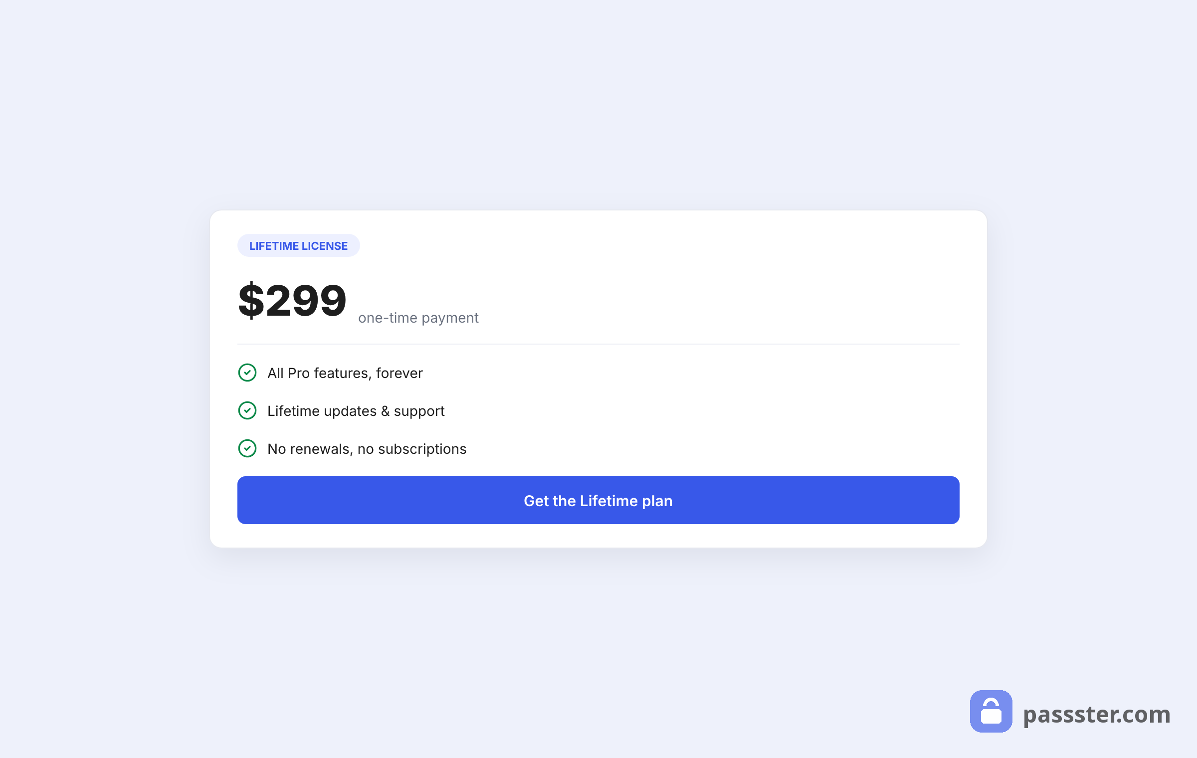 A pricing card showing the Passster lifetime license at $299 one-time payment with all-Pro-features, lifetime updates, and no-renewal bullet points
