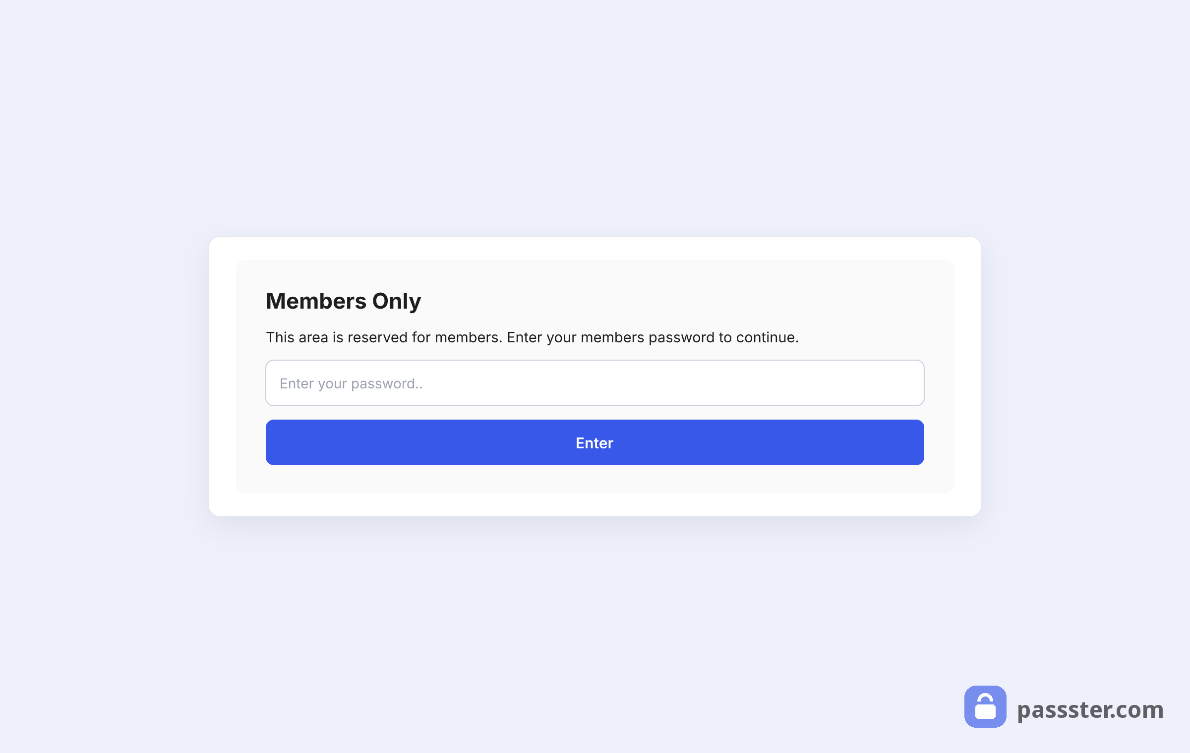 A customized Passster protection form with a Members Only headline, custom instruction text, password field, and an indigo Enter button with rounded corners