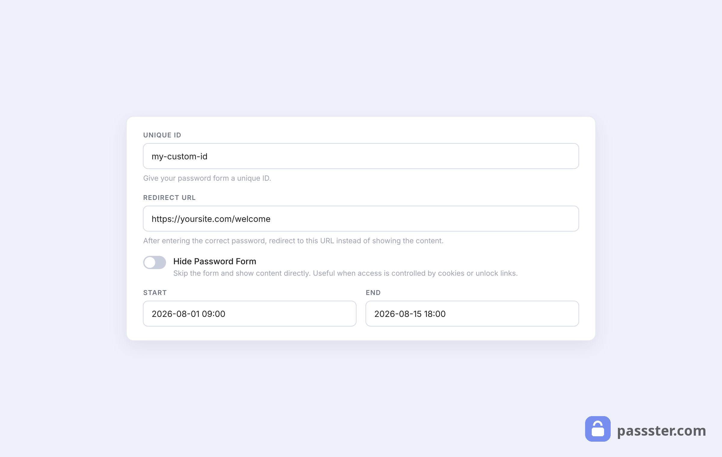 Passster's advanced options with a Unique ID field, Redirect URL field, Hide Password Form toggle, and scheduled protection start and end date fields