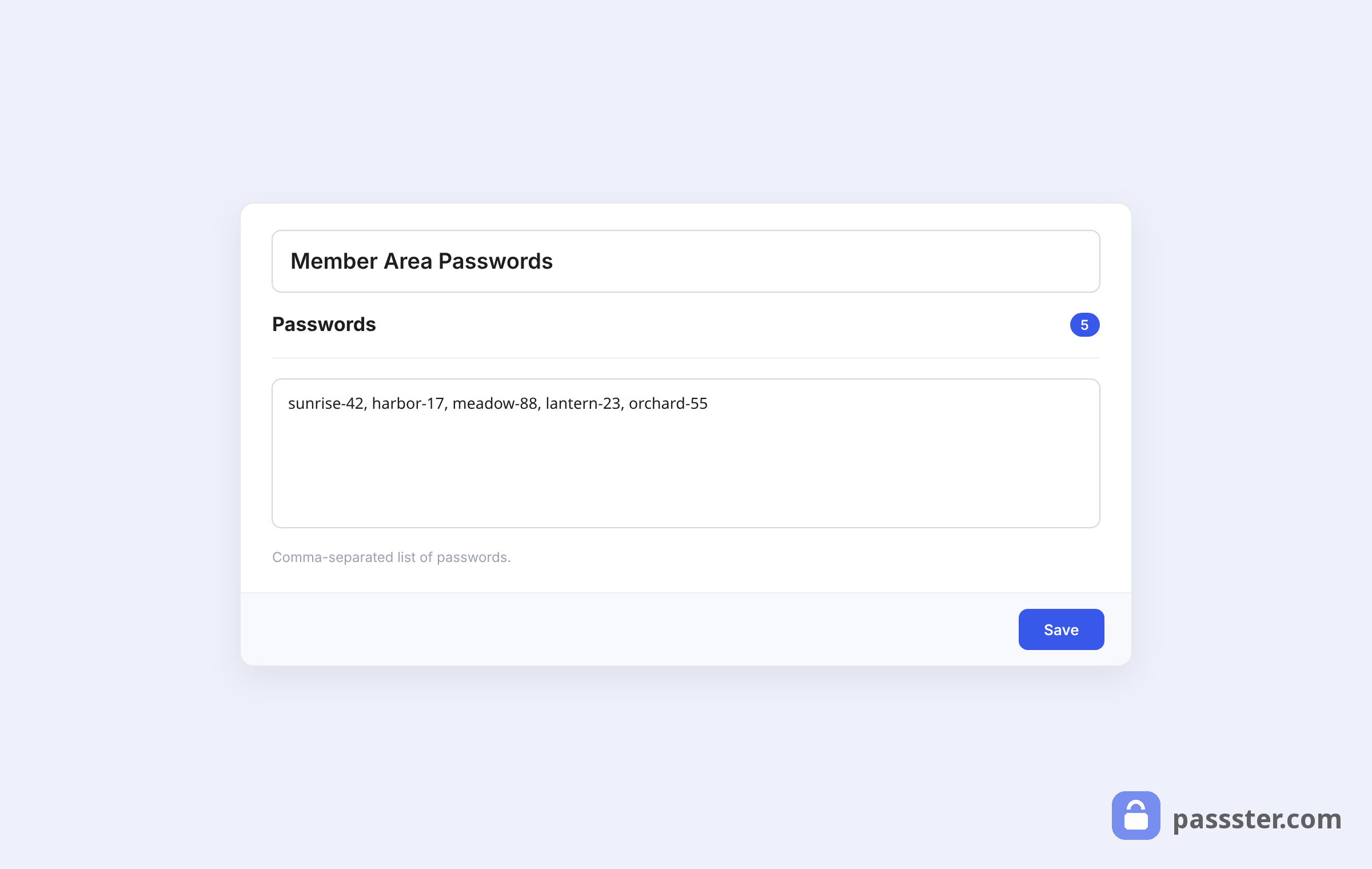 The password list editor with the list title, a Passwords section showing a comma-separated list of five passwords, and a count badge