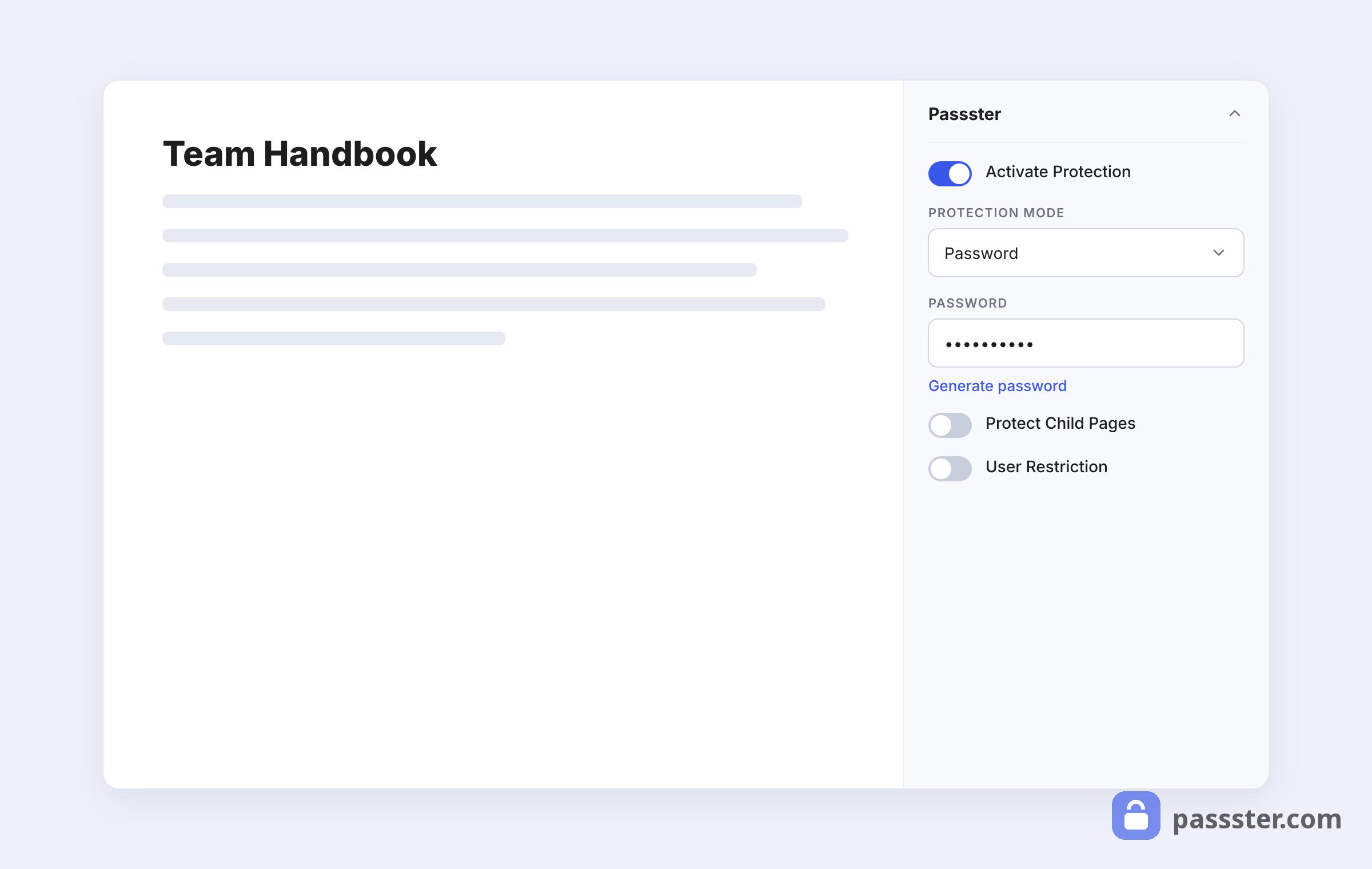 The WordPress block editor with a post titled Team Handbook and the Passster sidebar panel showing Activate Protection on, Protection Mode set to Password, and a password field