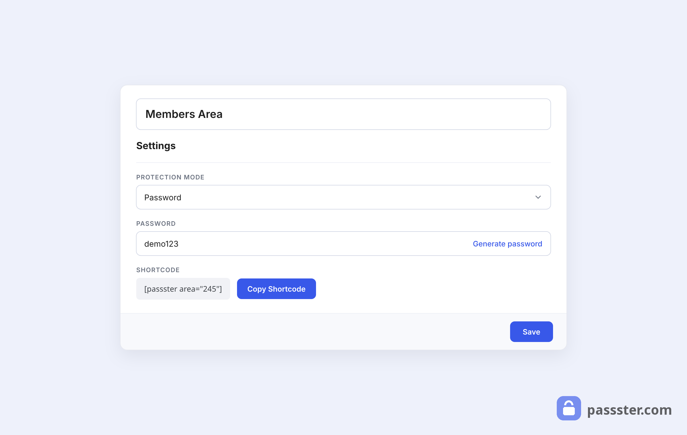 The protected area editor with the area title, Protection Mode set to Password, a password field with Generate password link, and the area shortcode with a Copy Shortcode button