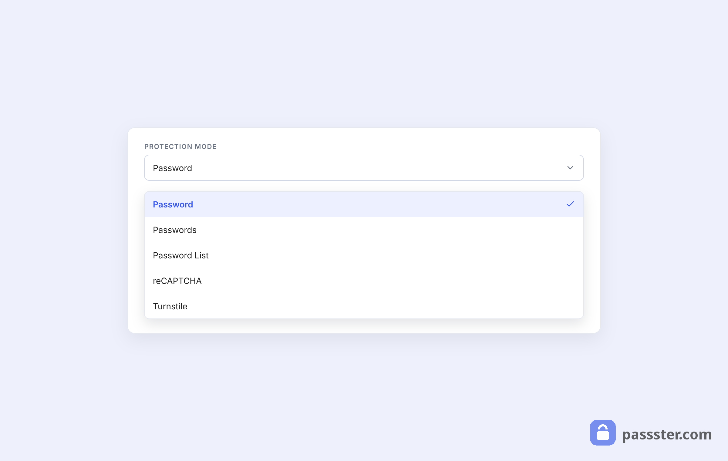 The Protection Mode dropdown open showing the five options: Password, Passwords, Password List, reCAPTCHA, and Turnstile