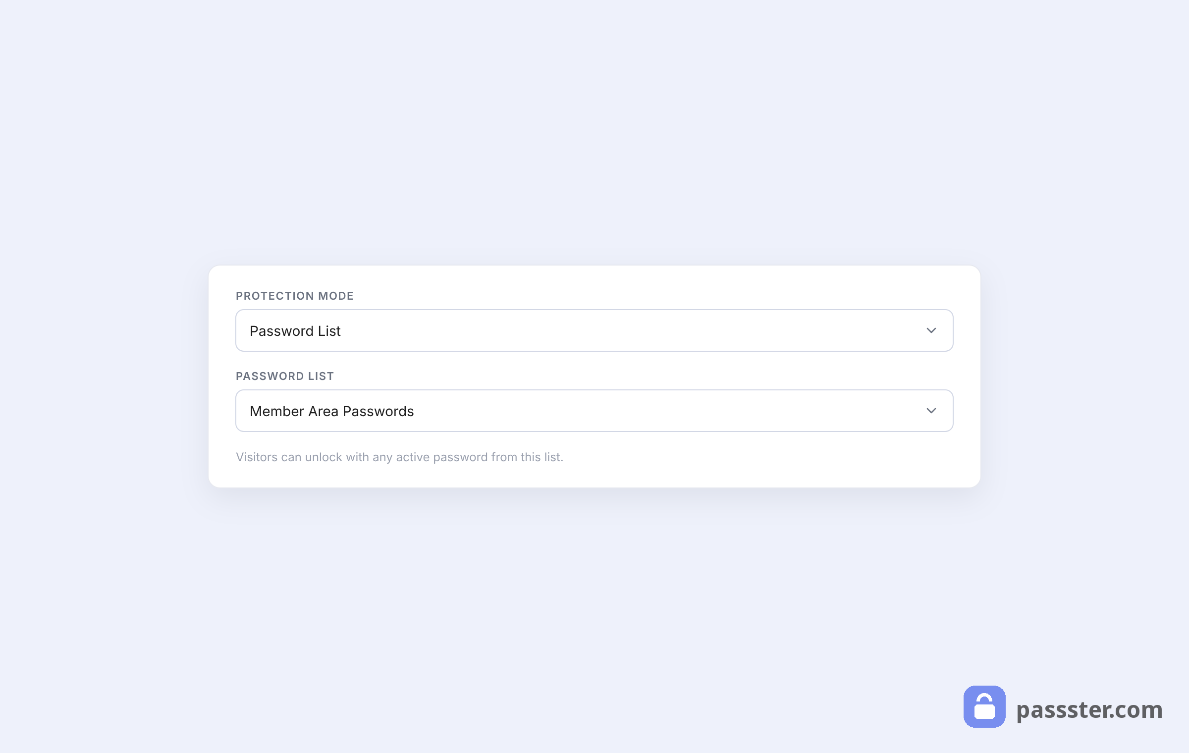 The Passster panel with Protection Mode set to Password List and a Password List dropdown set to Member Area Passwords