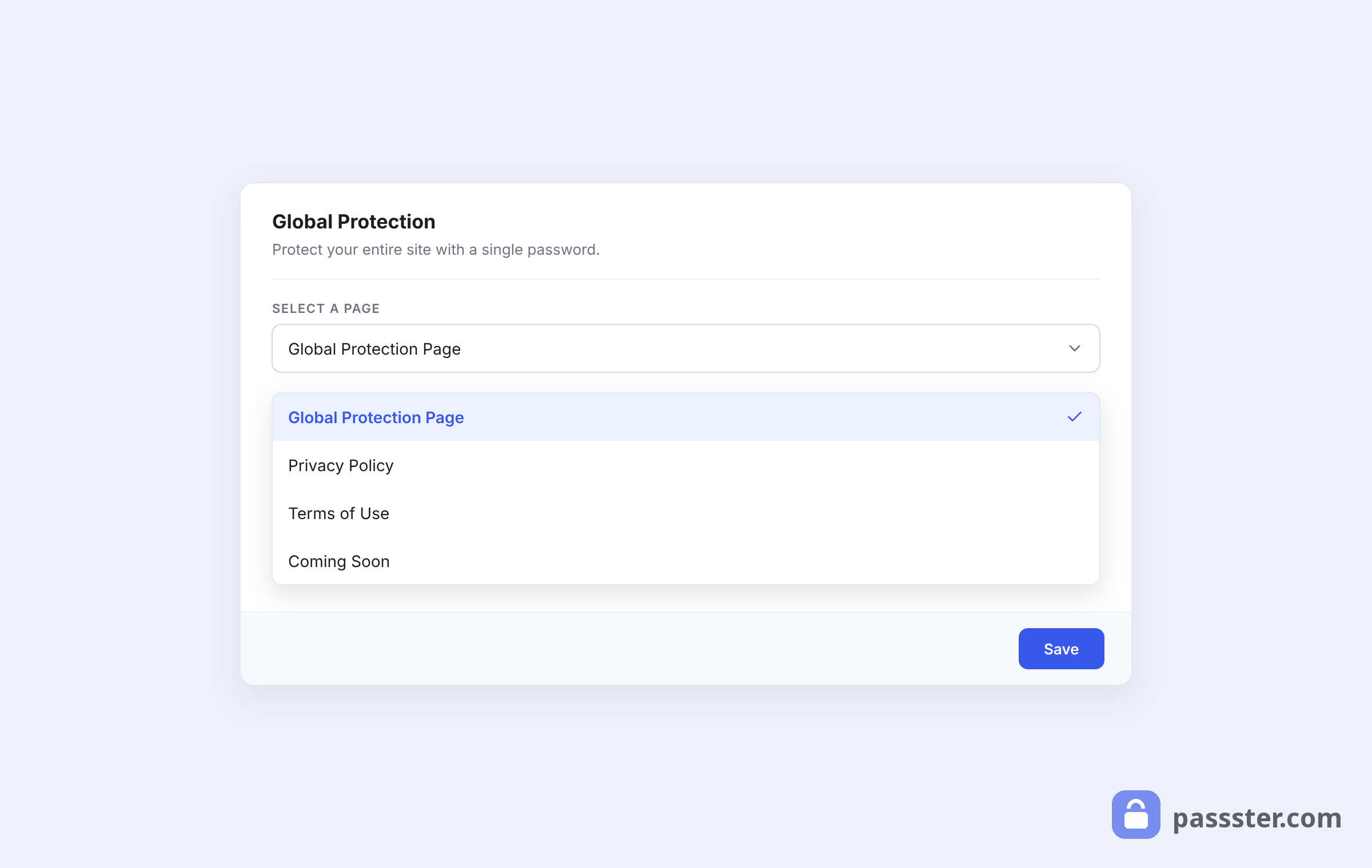 The Global Protection card with the Select a Page dropdown open, listing pages with Global Protection Page selected