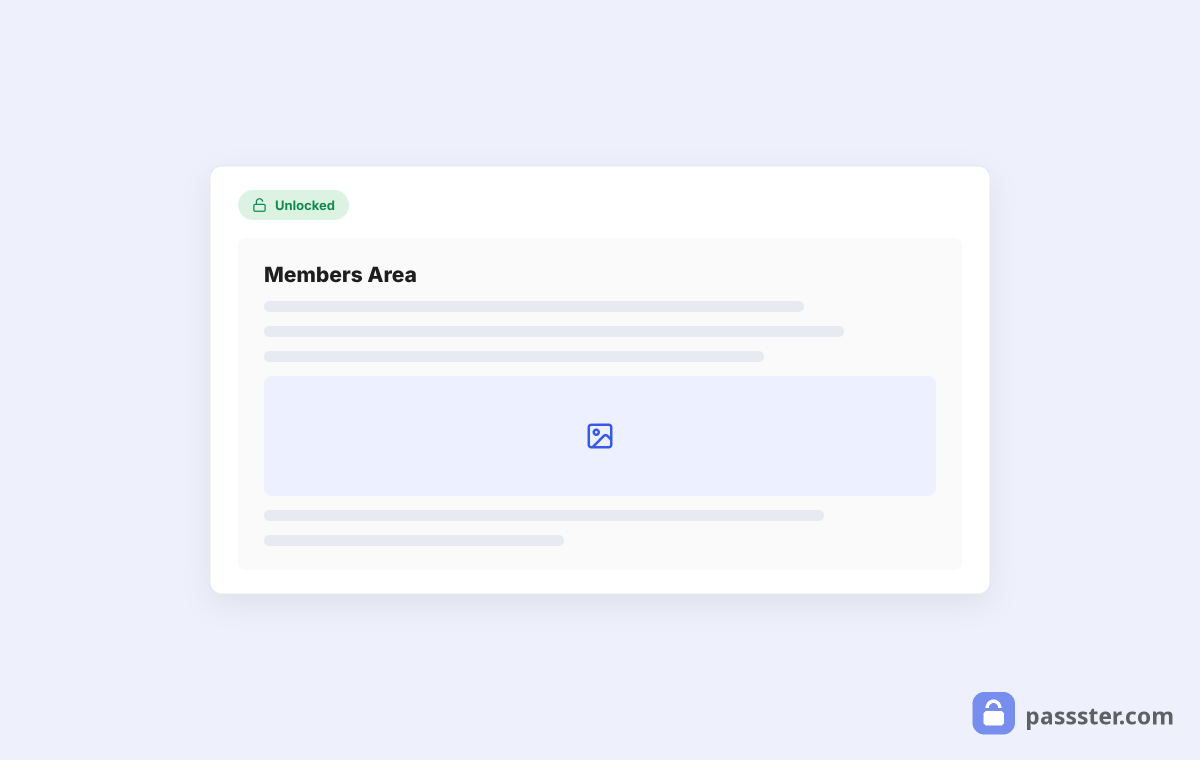 A page with a green Unlocked badge showing the revealed members-area content with text and media visible