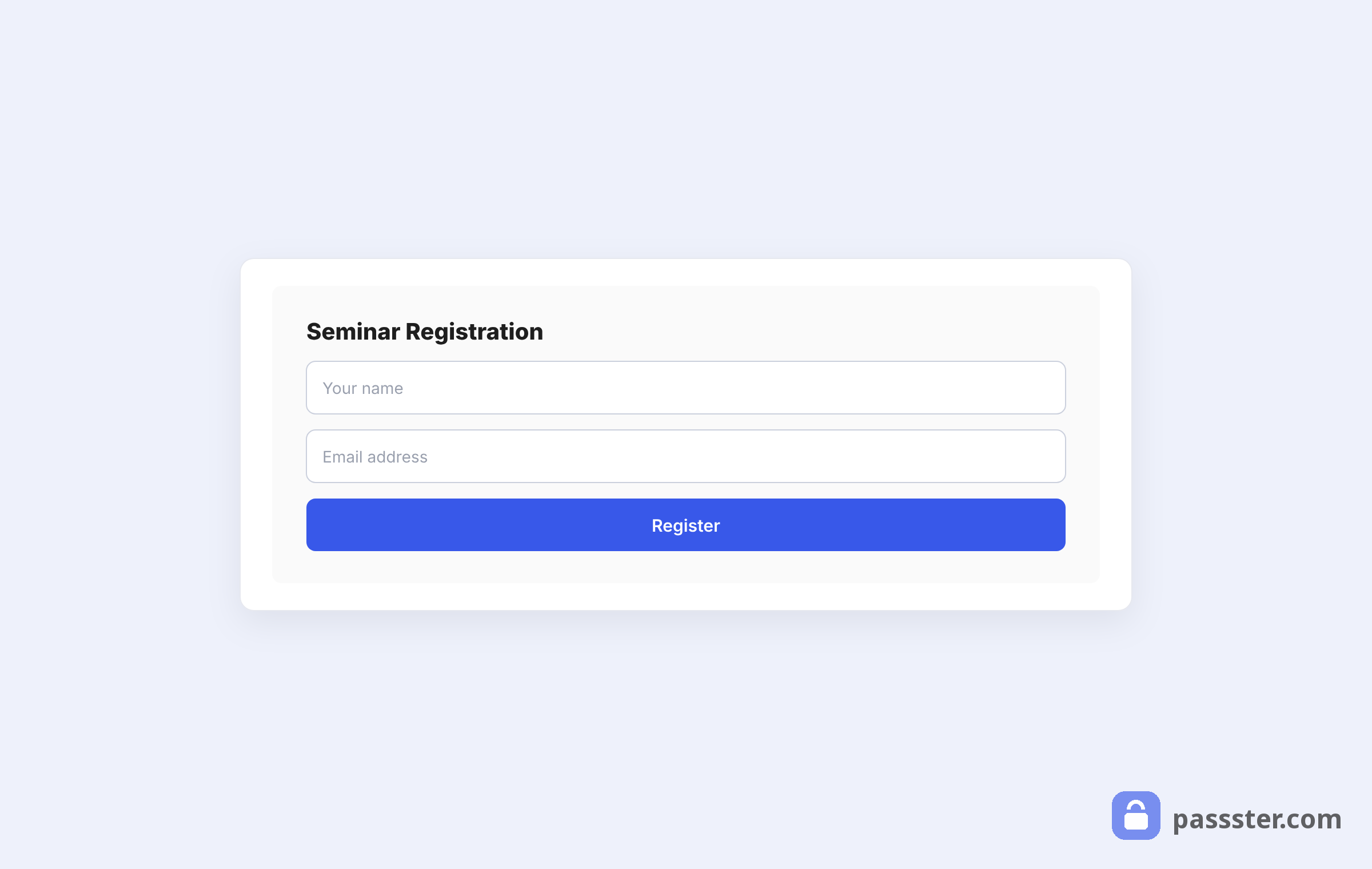 A simple seminar registration form with name and email fields and an indigo Register button