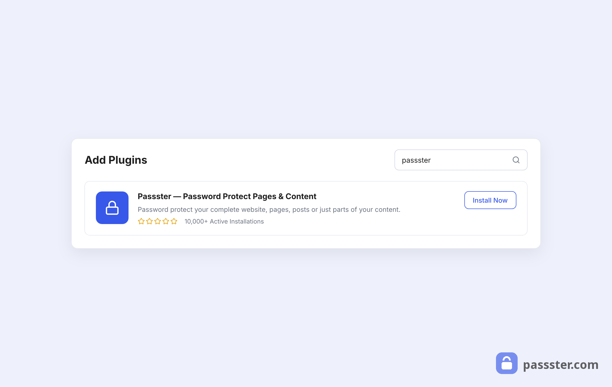 The WordPress Add Plugins screen with passster in the search field and the Passster plugin card with rating, active installs, and an Install Now button
