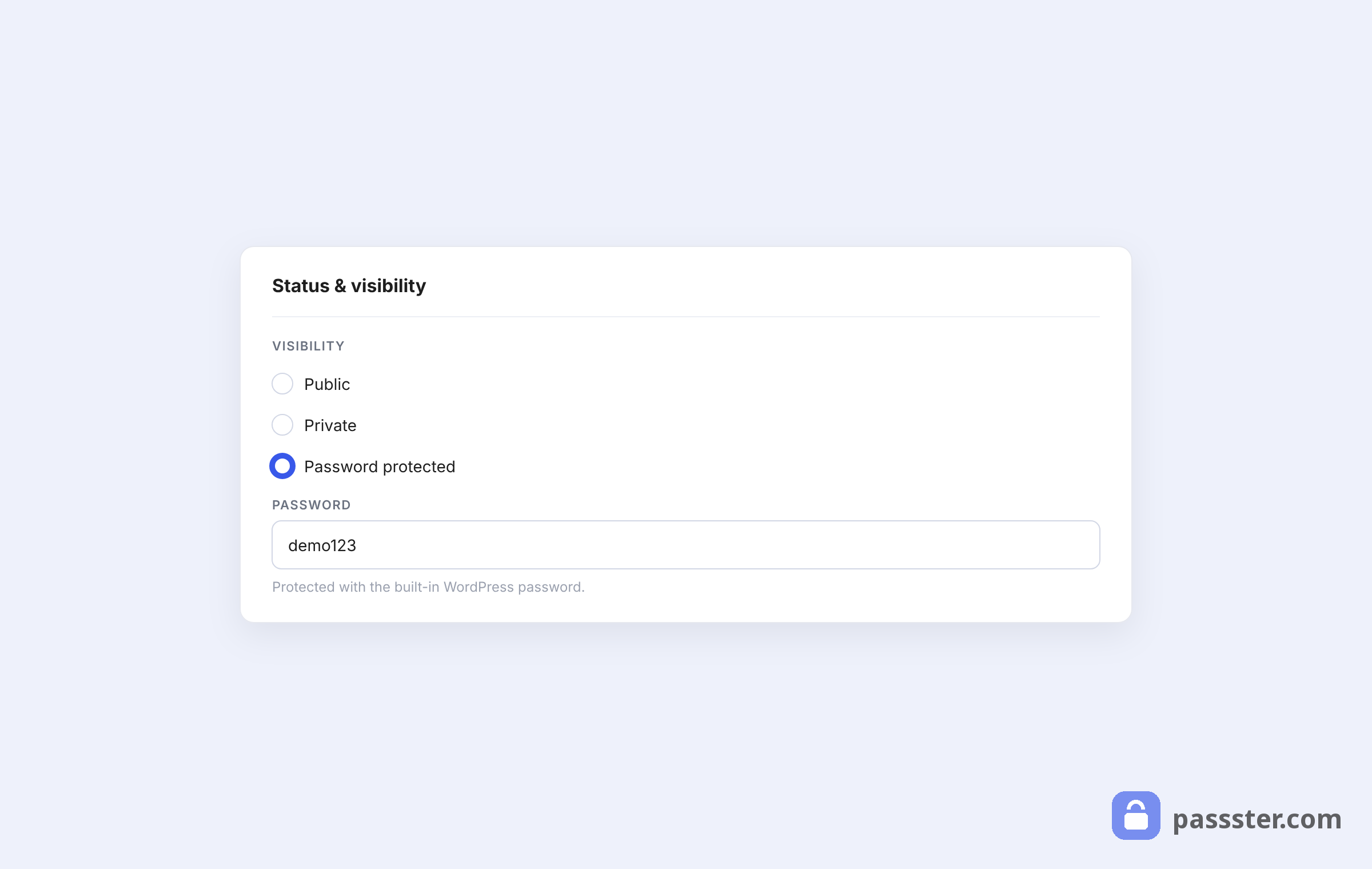 The WordPress Status & Visibility panel with Public, Private, and Password Protected radio options and a password field